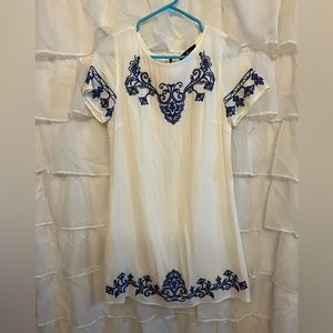 Lulus Tale To Tell Blue and Ivory Embroidered Shift Dress